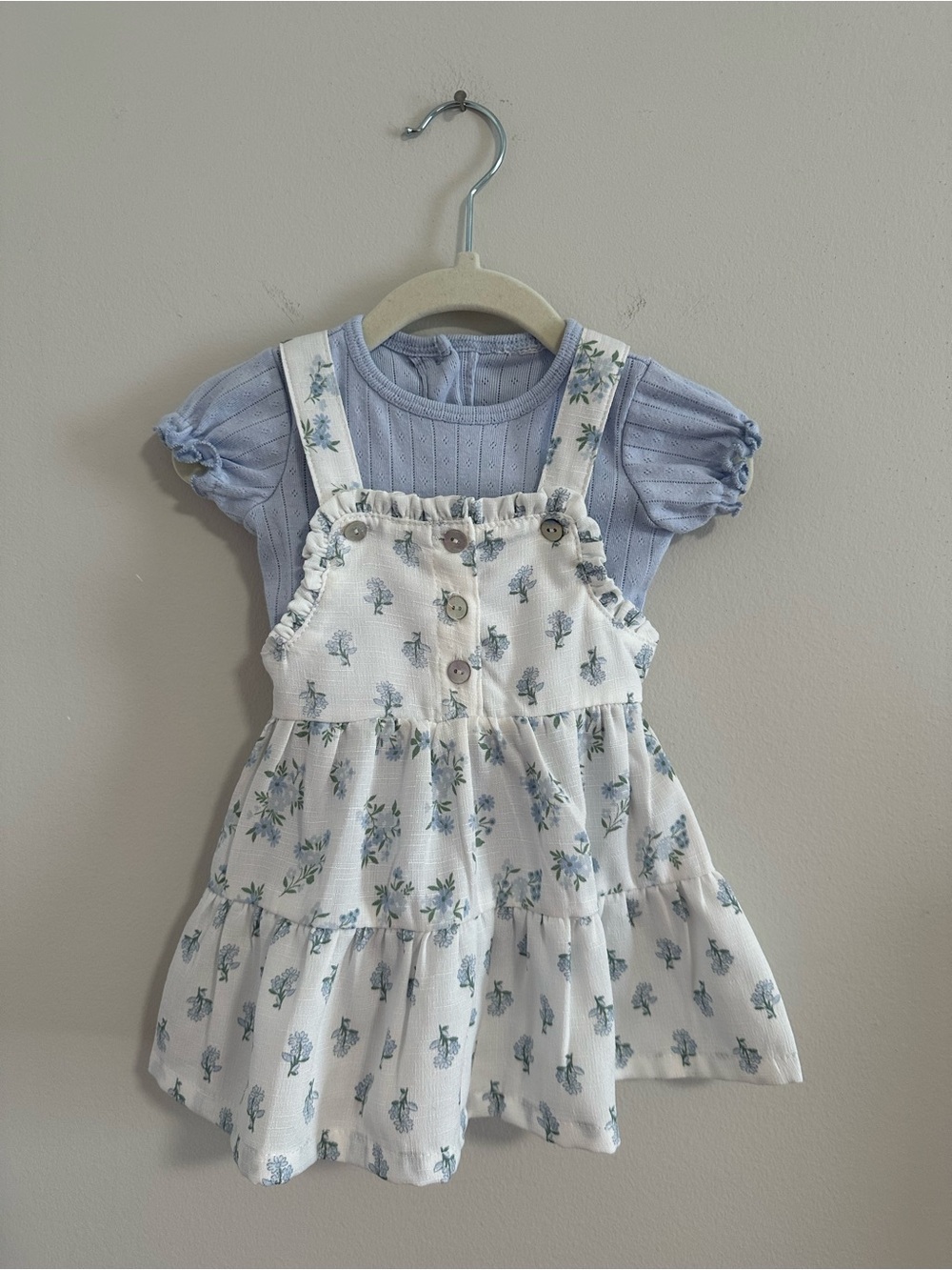 Nicole Miller White Floral Pinafore with Light Blue Knit Onesie